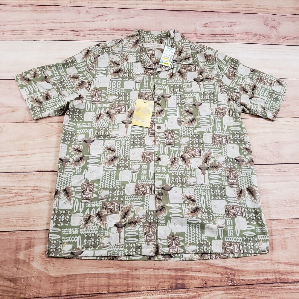 NEW‎ Island Republic Shirt Mens Large Green Beige Button Up Hawaiian Camp Silk